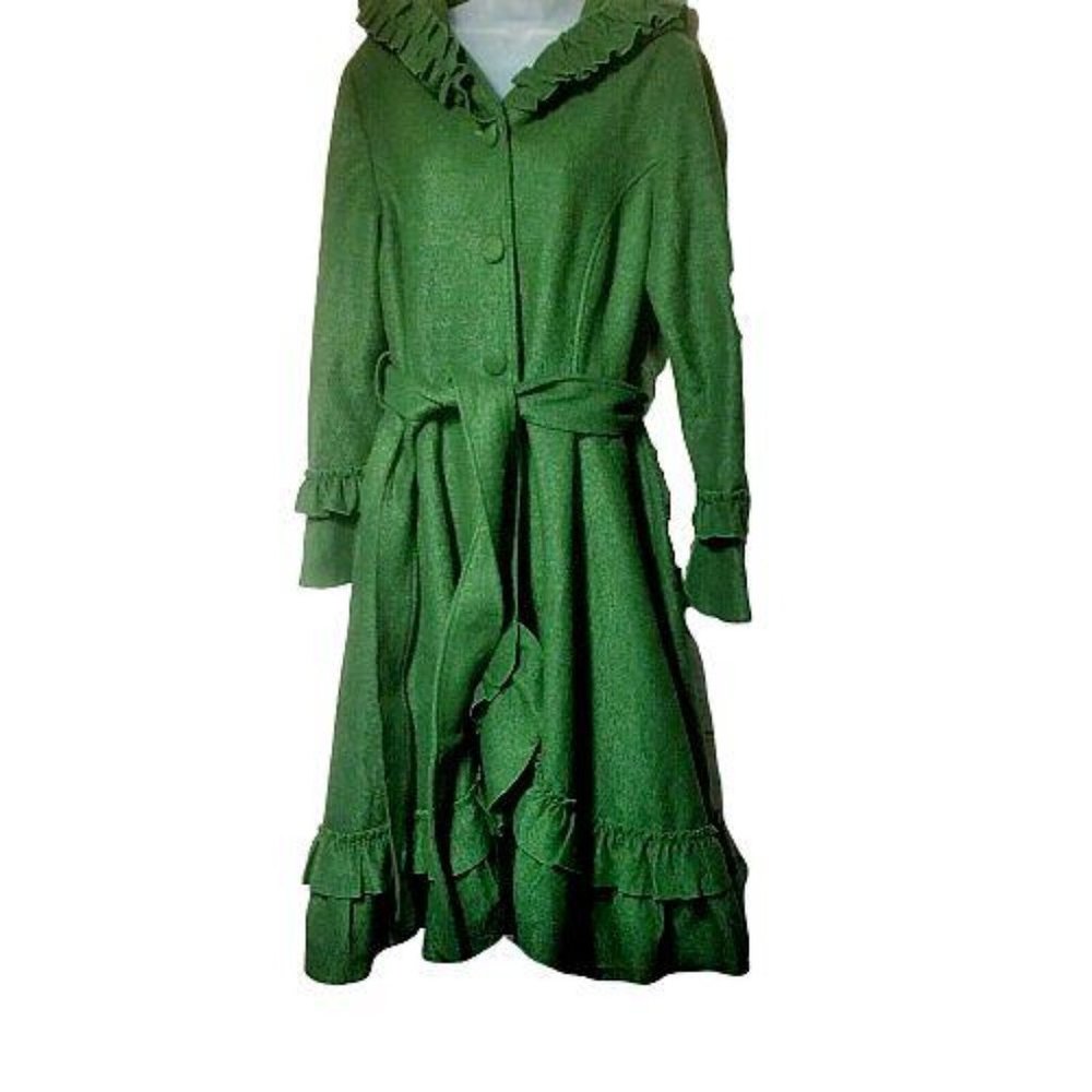 Long Wool Coat Ruffles Hooded UNBRANDED Med Green